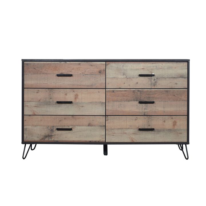 Benjara Lala 58 Inch Dresser, 6 Drawers, Handles, Rustic Wood Finish, Brown, Black