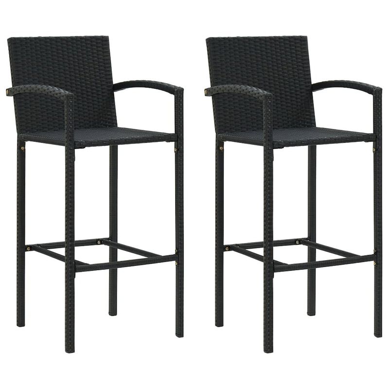 Bar Stool Set of 2 Black Poly Rattan, Powder-Coated Steel