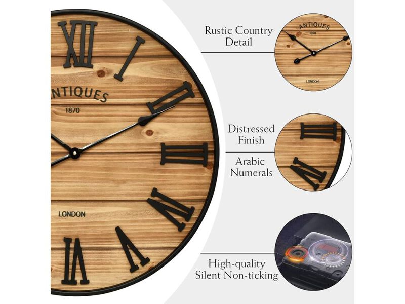 Farmhouse Wall Clock 24 Inch Rustic Wood Silent Non Ticking Battery Decor image number 2