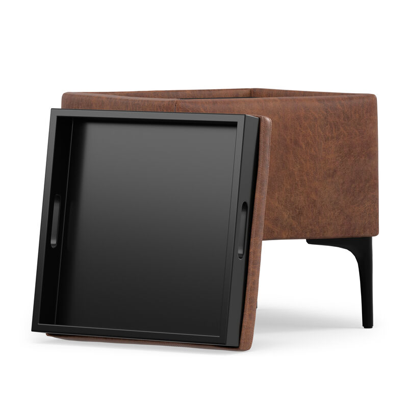Natasha 18 inch Wide Contemporary Square Mid&nbsp;Century Storage Ottoman with Tray in Distressed Saddle Brown  Vegan Faux Leather, Assembled image number 3