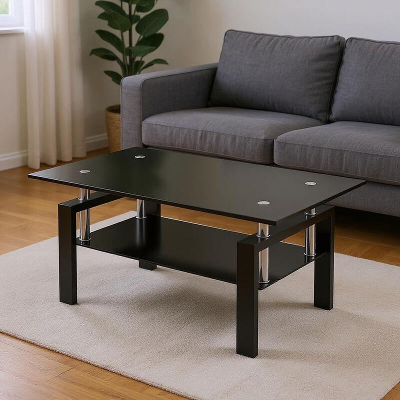 HomeRoots 39" Black Glass and Steel Coffee Table With Shelf image number 1