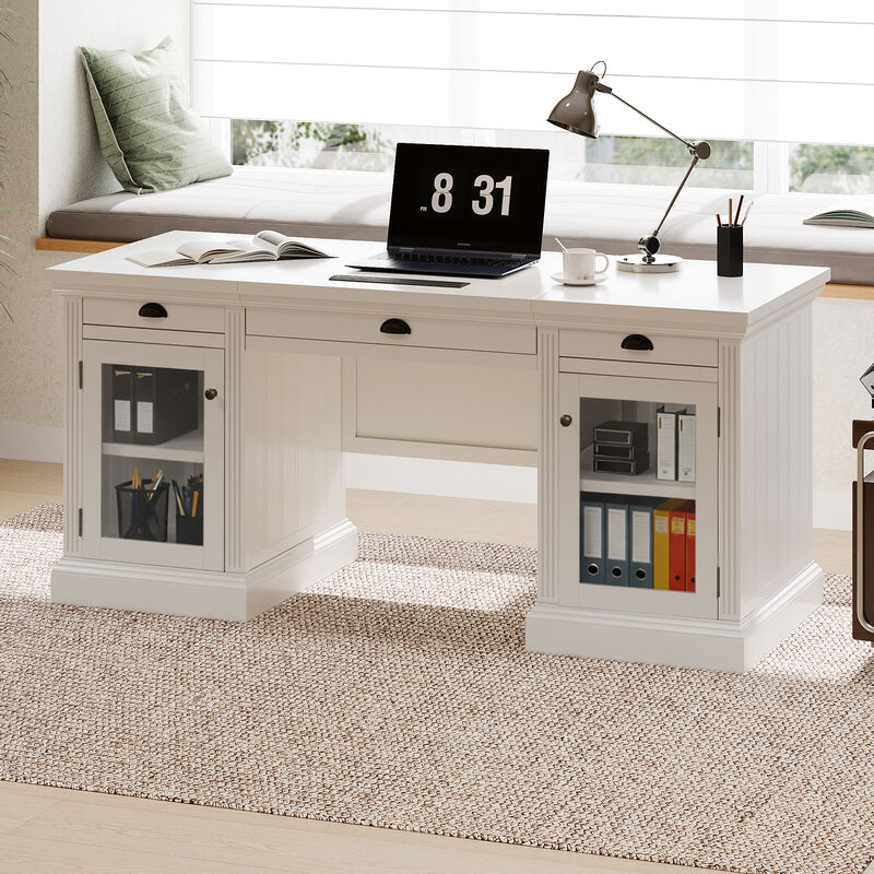 Whisen 67" Modern Executive Desk with 2 Glass Doors & 3 Drawers, Glass & Solid Wood Computer Workstation for Home Office image number 1