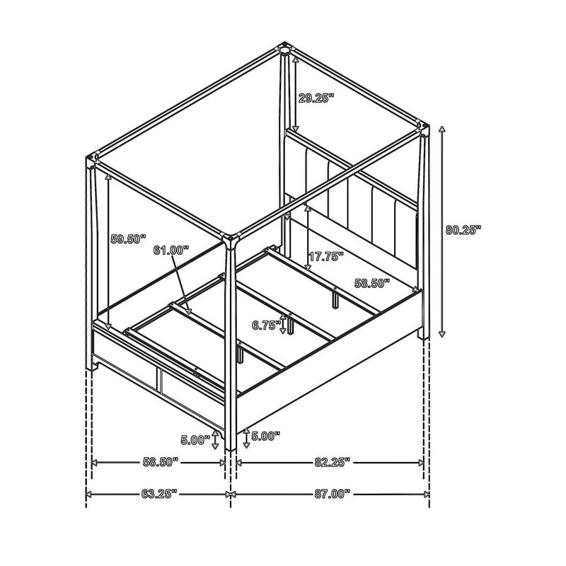 Seon Queen Canopy Bed w 4 Posters, Ivory Upholstery, Dark Cocoa Brown - Benzara
