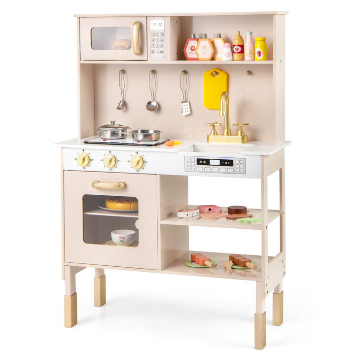 Interactive Kids Play Kitchen with Adjustable Height, Realistic Lights, Sounds & Microwave