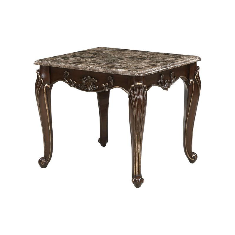 Hesar Side End Table, 28 Inch Marble, Cherry Brown Wood Cabriole Legs