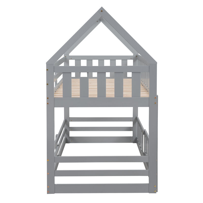 Whisen Wood Twin over Twin House-Shaped Bunk Bed with Fence with Door and Ladder - White