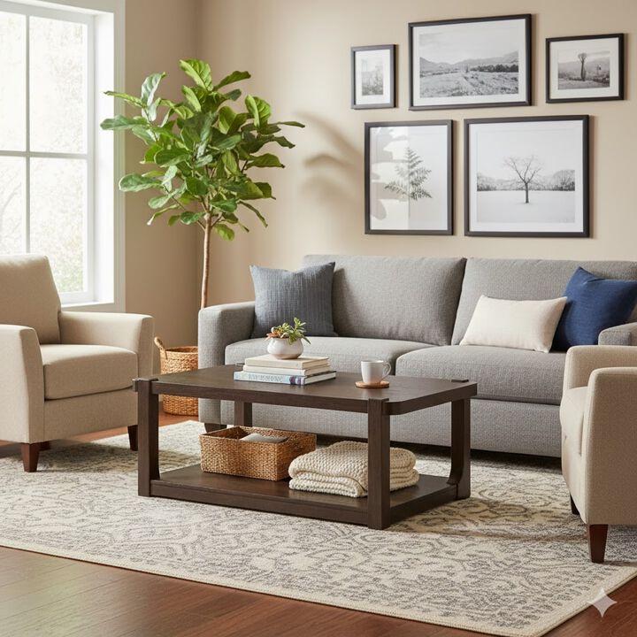 Kemu Coffee Table, 50 Inch Rectangular Top w Lower Shelf, Dark Brown