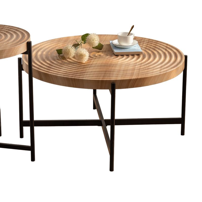 33" Modern Thread Design Round Coffee Table - MDF Table Top, Cross Legs Metal Base - Stylish, Contemporary Furniture