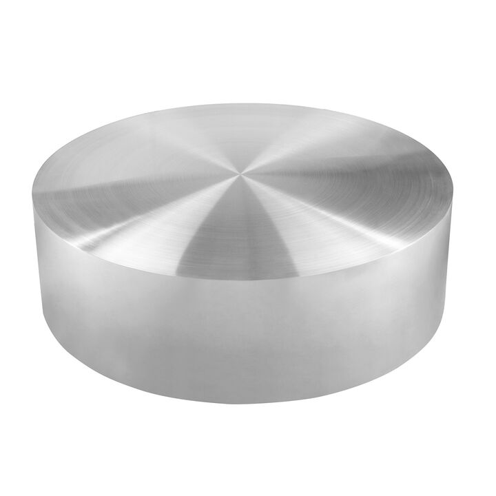 Rano Coffee Table, 40 Inch Round Silver Iron Top, Modern Drum Shape - Benzara