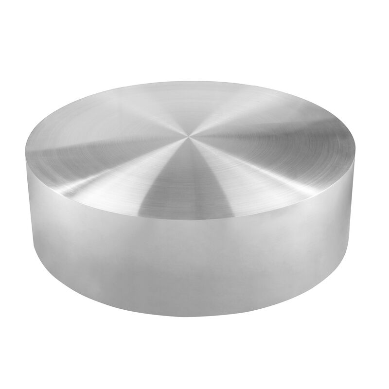 Rano Coffee Table, 40 Inch Round Silver Iron Top, Modern Drum Shape - Benzara image number 1