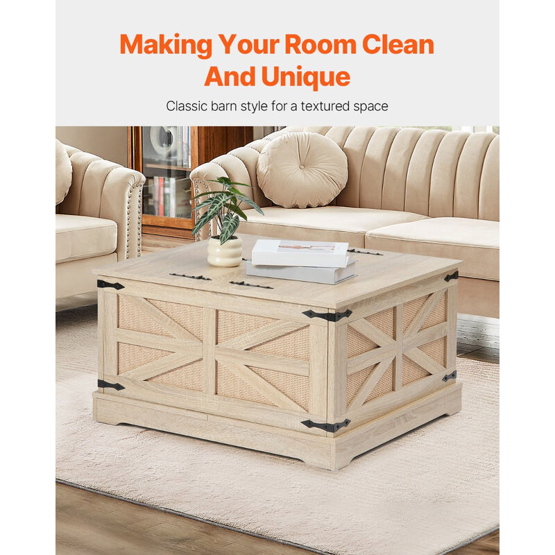 Modern Rattan Coffee Table with Retro Metal Hinges and Storage Shelf, Rectangle Shape