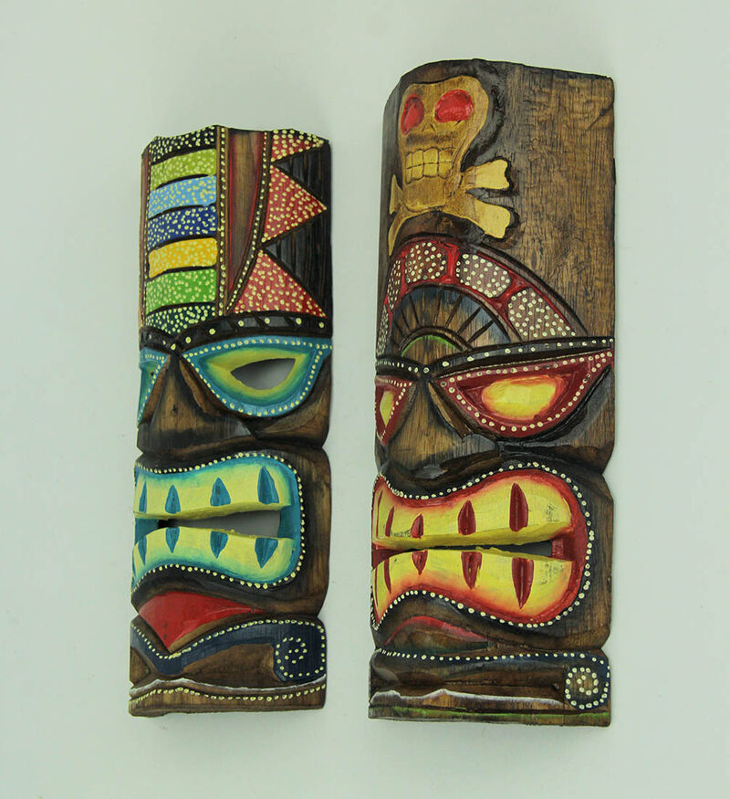 12 inch Tall Hand Crafted Wooden Tiki Totem Wall Mask Set of 2 image number 1
