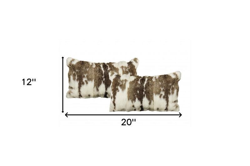 Homezia Set Of Two 12" X 20" Brown And White Rabbit Natural Fur Animal Print Throw Pillows