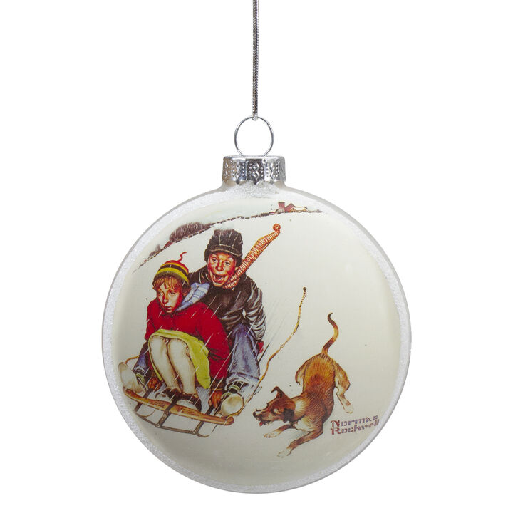 3" Norman Rockwell 'Young Love: Sledding' Glass Christmas Disc Ornament