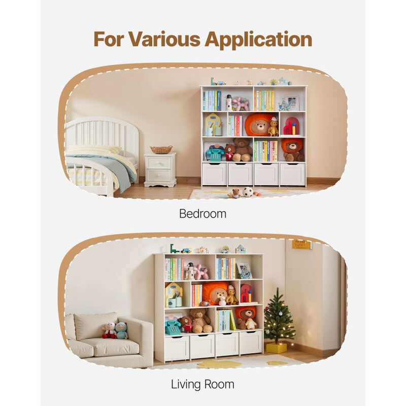Wooden Kids White Toy Storage Organizer with Bookshelf and 4 Mobile Drawers image number 4