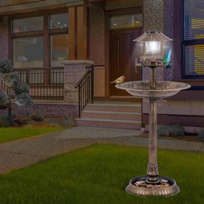 Hivvago Pedestal Bird Bath with Solar Light with Bird Feeder and Flower Planter
