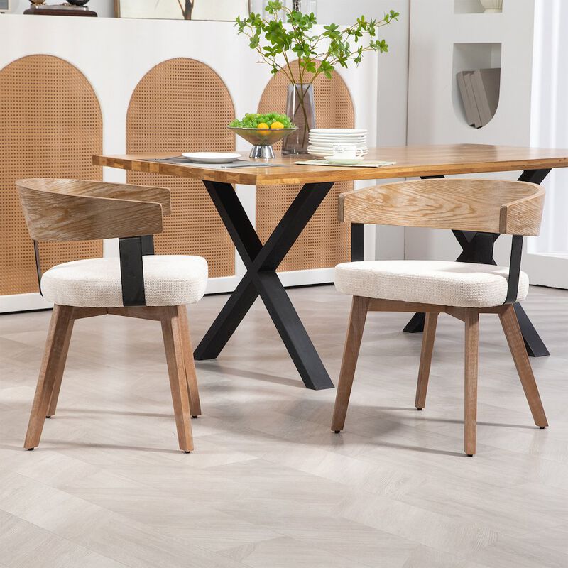 Glamour Home Set of 2 Beck Beige Linen Fabric Dining Chair Natural Wood Backrest and Legs