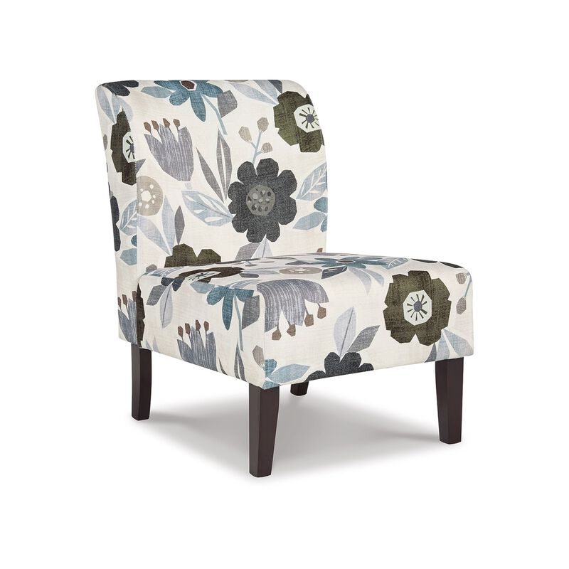 Rima Accent Chair, Ivory Gray Floral Pattern Polyester Cushion, Black Wood