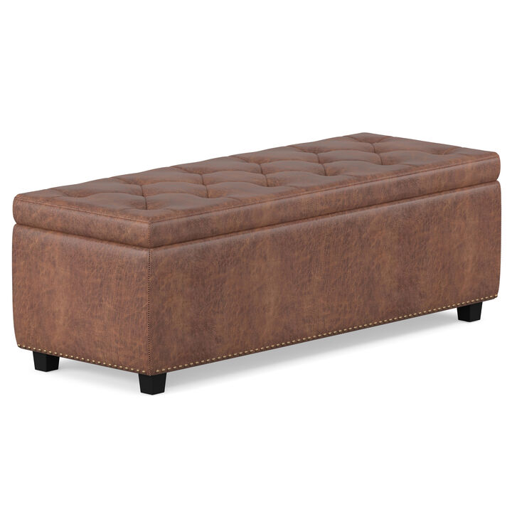 Hamilton 48 inch Wide Transitional Rectangle Storage Ottoman in Distressed Umber Brown Vegan Faux Leather, Assembled