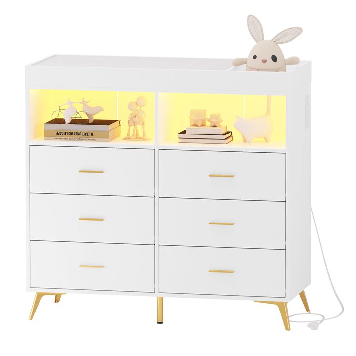 LED Light & Power Outlet Baby Changing Table Dresser &ndash; 6 Drawers, Metal Feet, Diaper Station Organizer for Nursery