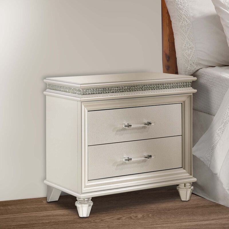 2 Drawer Nightstand with Acrylic Feet and Crystal Accents, Silver-Benzara