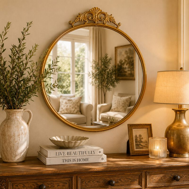Drek Traditional Round Wall Mirror with Ornate Crest Top, Gold Metal 24x27 image number 1