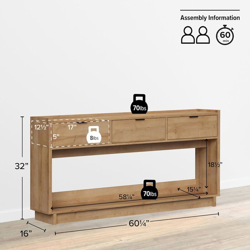 Prepac Simply Modern Entryway Console Natural Oak Engineered Wood with 3 Drawers