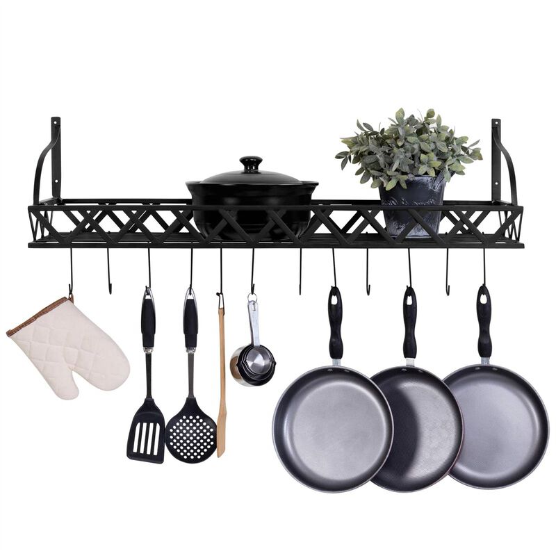 Modern Metal Wall Mounted Pot Rack Rectangular Hanging Storage with 12 Hooks for Pots & Pans