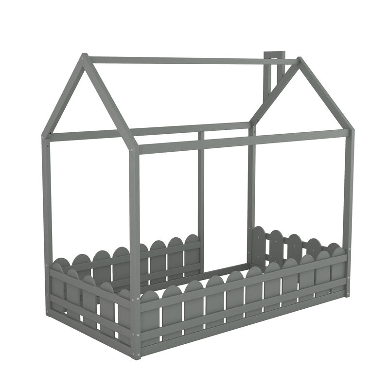 （Slats are not included) Twin Size Wood Bed House Bed Frame with Fence, for Kids, Teens