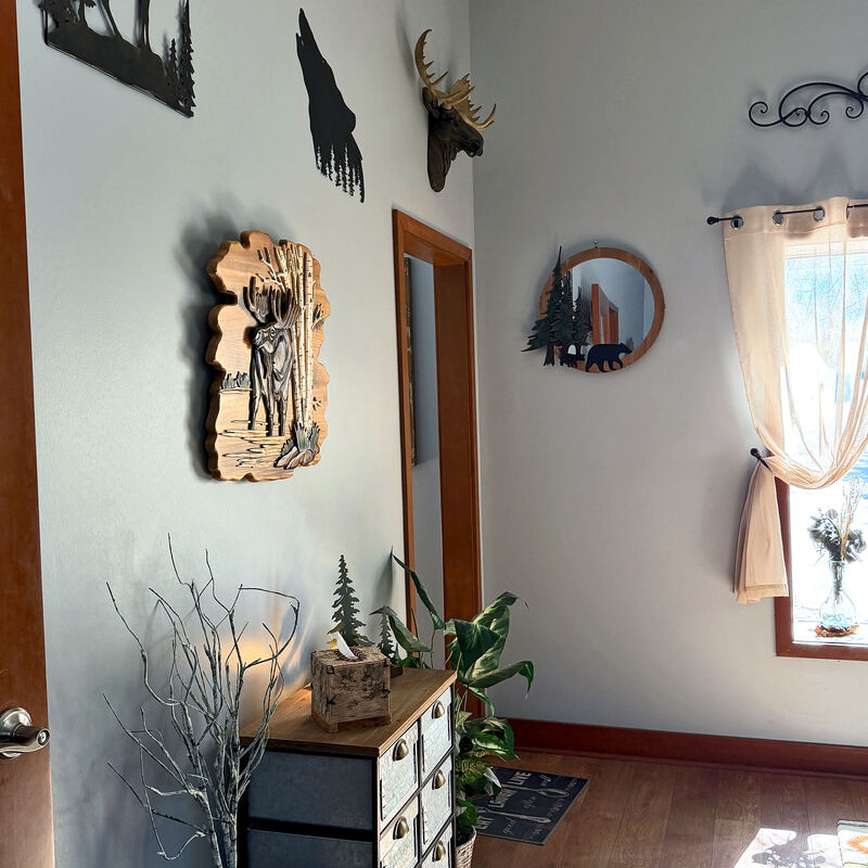 Moose in Birch Forest 23.5 inch Rustic Intarsia Wood Wall Art Sculpture image number 7