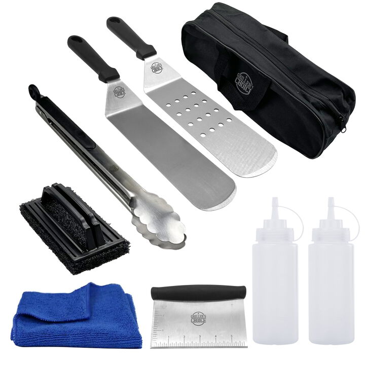 Grillers Choice- 8 PC Griddle Accessories Set- Metal Spatula Set, Commercial Heavy Duty Stainless Steel, Flat Top Grill, Hibachi Grilling Utensils- Designed by Chef and BBQ Judge