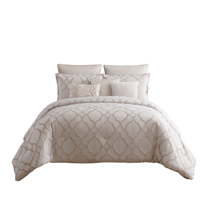 9pc Queen Size Comforter Set with Quatrefoil Prints, White Polyester - Benzara