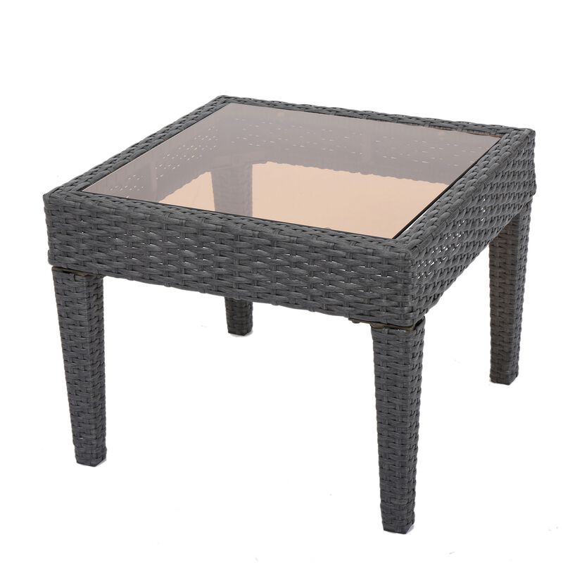 Annie Outdoor Square Accent Table, Tempered Glass, 20 Inch Gray Wicker - Benzara