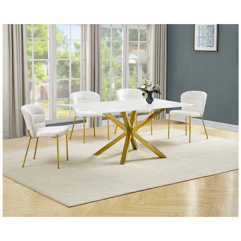 Best Quality Furniture Rectangle White Marble Wrap Glass Dining Table With 4 Cream Side Chairs
