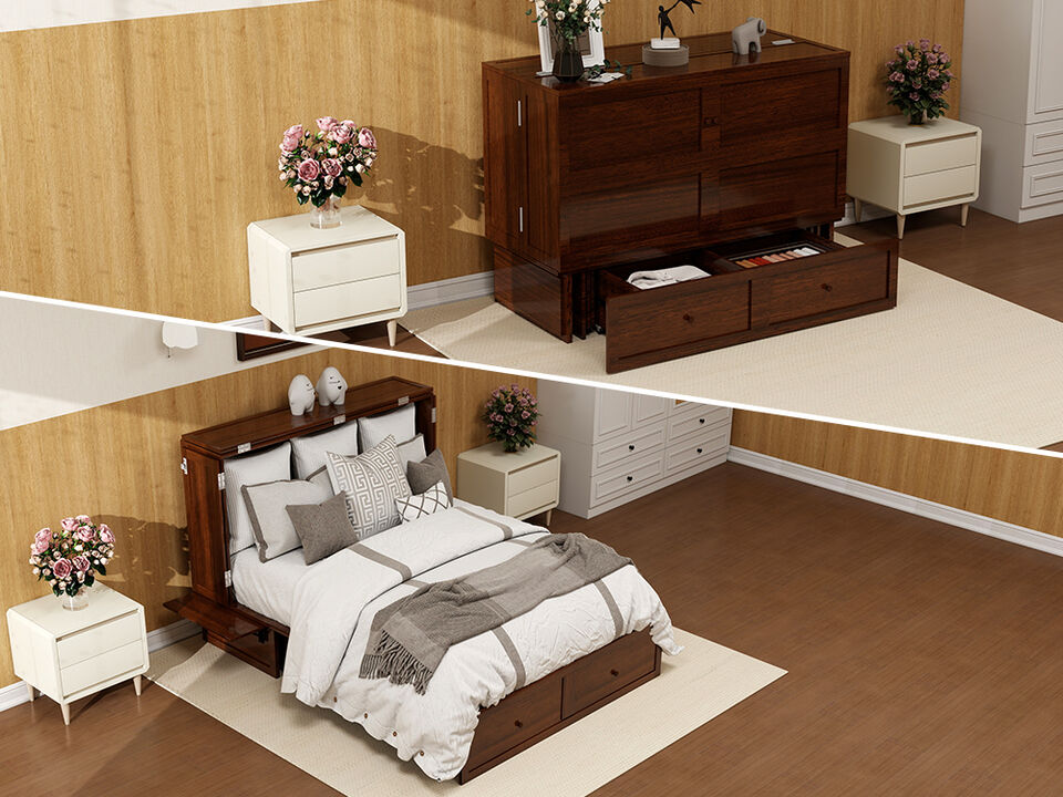 Livelylodge Teak Color Solid Wood Murphy Cabinet Bed with Drawers Space Saving