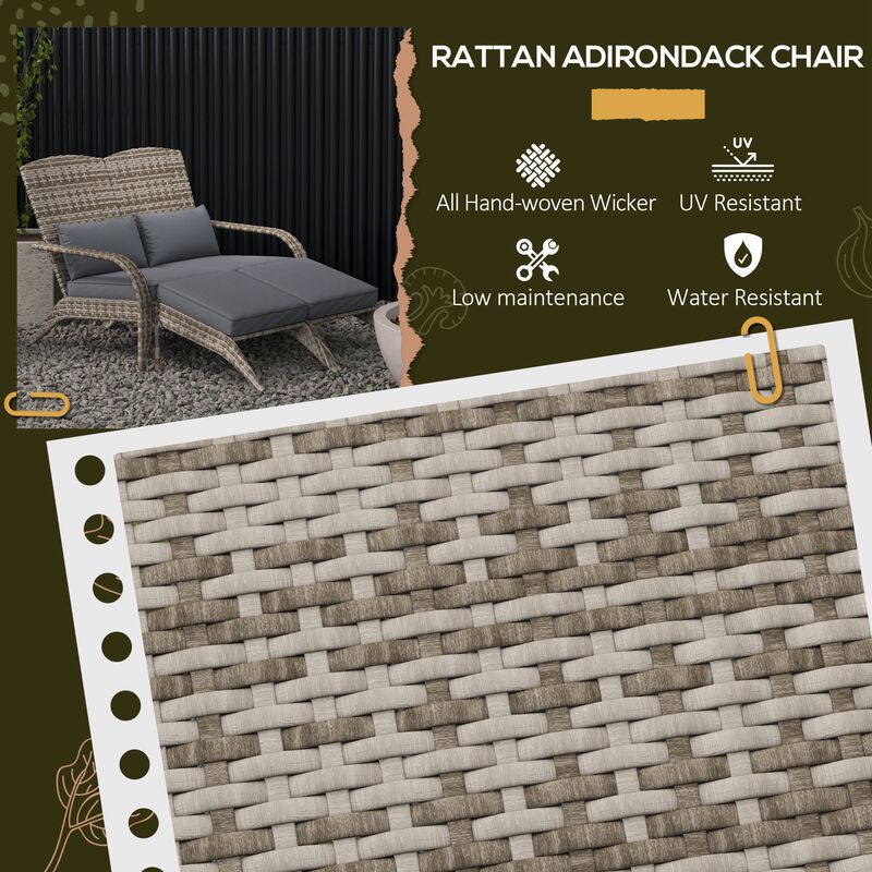 Outsunny Wicker Adirondack Chair for 2 with Cushions & Footrests, PE Rattan Fire Pit Chair for 2, Double Adirondack Patio Chair for Porch, Backyard, Garden with High-back, Wide Armrests, Gray