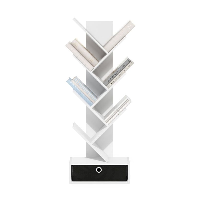 Tree Bookshelf 7-Tier Floor Standing Tree Bookcase with Bin Drawer, White/Black