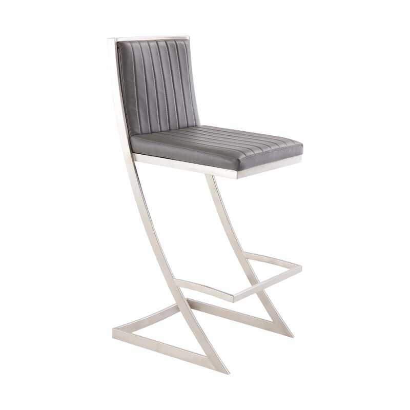 Barstool with Channel Stitching and Angled Cantilever Base, Gray and Silver-Benzara