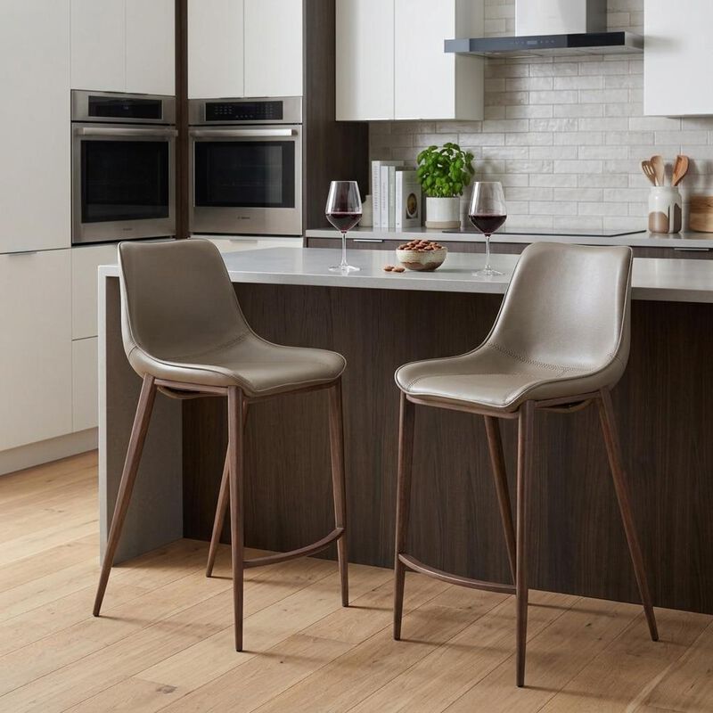 HomeRoots Set of Two 26" Gray and Brown Faux Leather and Steel Low Back Counter Height Bar Chairs image number 1