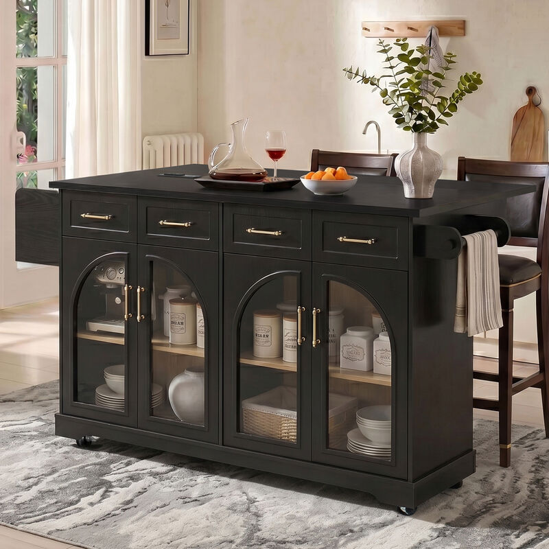 Merax Rolling Kitchen Island with Arched Tempered Glass Display Cabinets, Adjustable Shelves image number 3