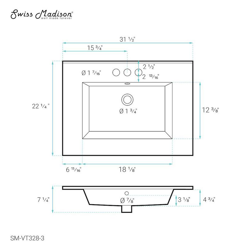 Voltaire 31 Vanity Top Sink with 3 Centerset Faucet Holes image number 3