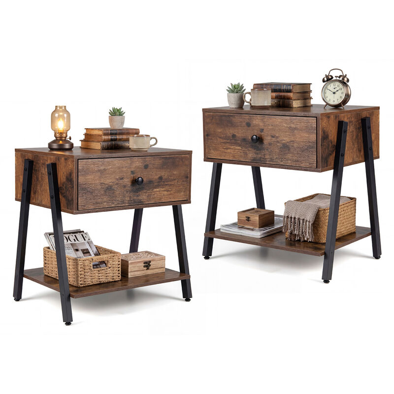 2-Pack Industrial Nightstand Set with Adjustable Foot Pads Storage image number 5