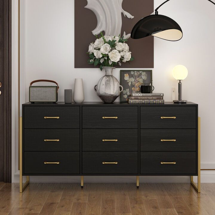Black Wood 9 Big Drawers 61.4 in. W Dresser With Metal Frame Legs