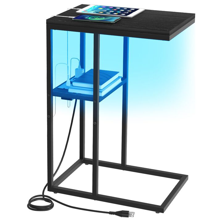 Yoobure LED C Shaped End Table with Charging Station, Small Side Tables for Living Room Bedroom, TV Tray Table with USB Ports an