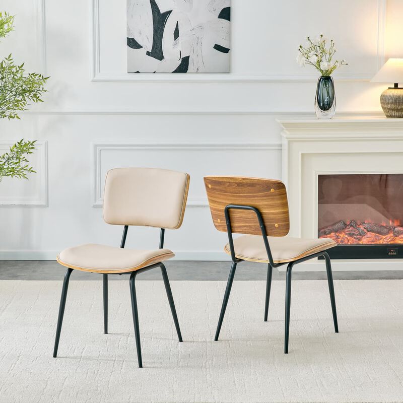 Set of 2 Dining Chairs Faux Leather Open Back Walnut Veneer Back Dining Chairs Metal Legs Leveling Feet image number 4