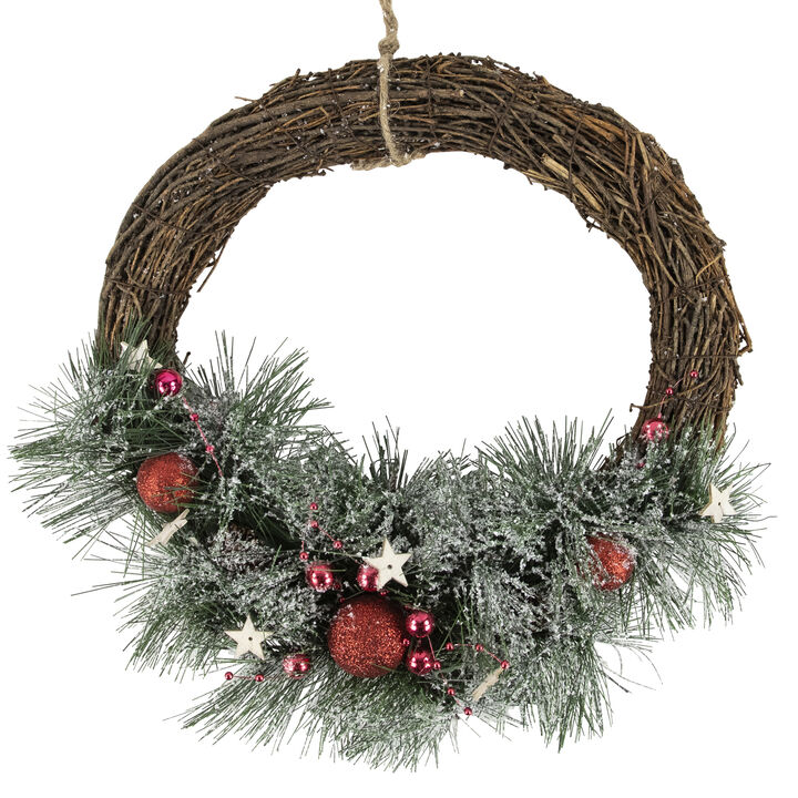 Red Ornaments  Pine Needle and Stars Frosted Christmas Wreath  13.75-Inch