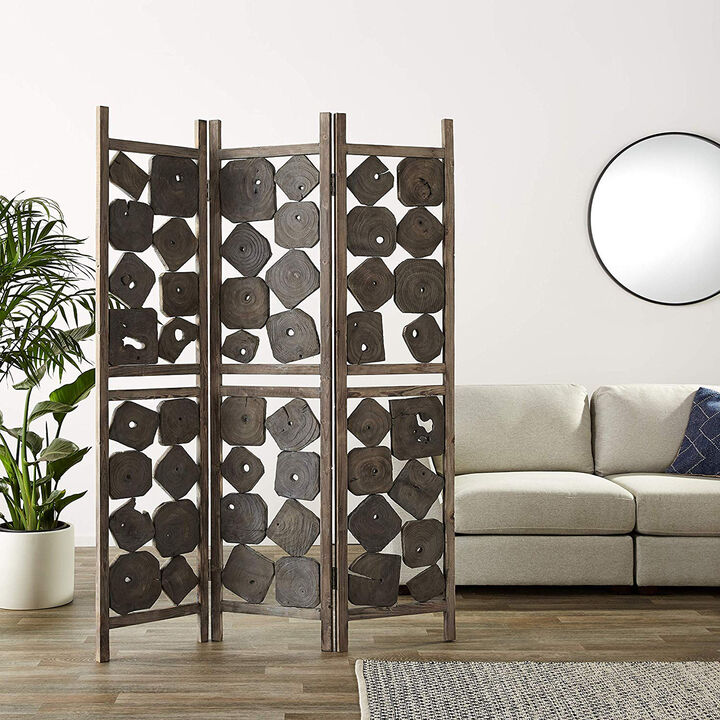 Contemporary 3 Panel Wooden Screen with Square Log Cut Inset, Brown - Benzara