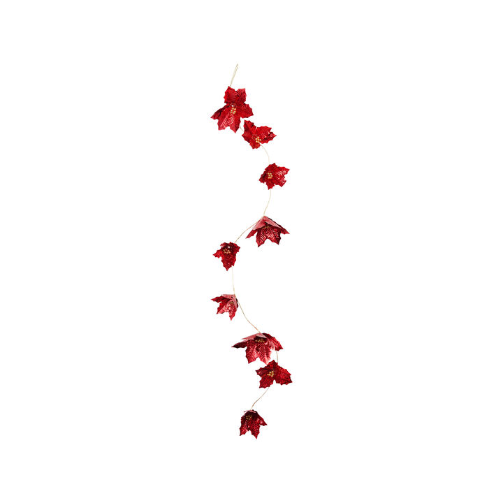 Red Poinsettia Garland with Gold Bead Accents, PVC & Iron