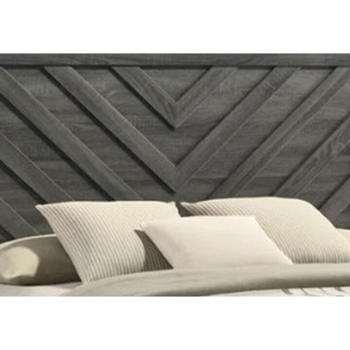 Velz King Size Bed w Chevron Patterned Headboard, Dark Gray Wood