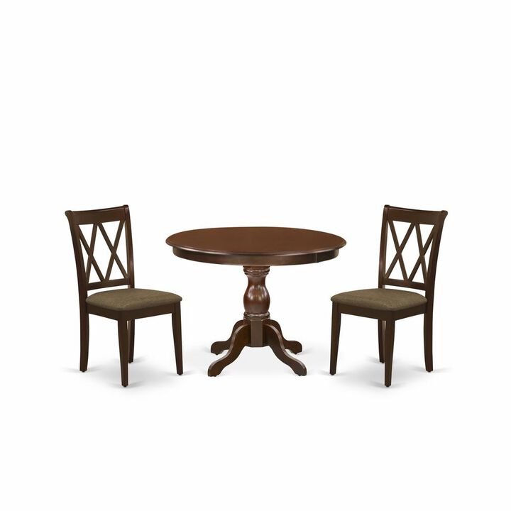 East West Furniture HBDA3-MAH-C 3 Piece Modern Dining Table Set - Mahogany Wood Table and 2 Mahogany Linen Fabric Kitchen Chairs with Slatted Back - Mahogany Finish